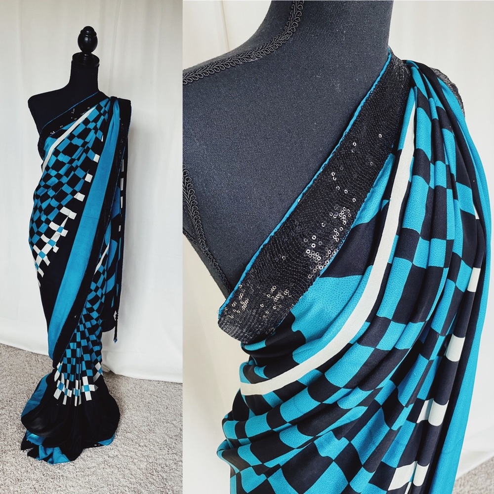 Geometric Black/Blue Saree